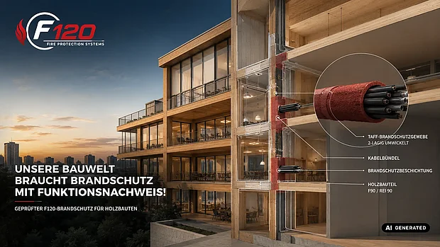 Visualisierung eines mehrgeschossigen Holzbaus mit geschützter Massivwanddurchführung von Holzbauteilen als Use Case für F120 TAFF Flex (KI-generiertes Bild).