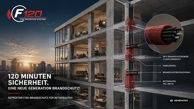 Visualisierung eines Büro- und Verwaltungsgebäudes mit geschützten Kabeldurchführungen in Massivwänden als Use Case für F120 TAFF Brandschutzgewebe (KI-generiertes Bild).