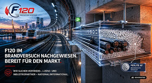 Visualisierung eines Tunnelbauprojekts mit geschütztem Kabelsystem in einer Kabeltrasse als Use Case für PERLITE AF Brandschutzgranulat und TAFF-Brandschutzgewebe (KI-generiertes Bild).