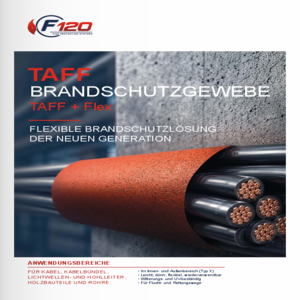 Technische Unterlagen zu TAFF Brandschutzgewebe und Flex mit Leistungsmerkmalen, Normen, Prüfergebnissen und Montageanleitungen für Kabelanlagen, Holzbauteile und Flucht- und Rettungswege.