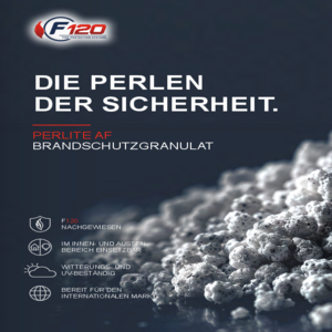 Vertriebsbroschüre PERLITE AF Brandschutzgranulat mit Darstellung von Nutzen, Anwendungsbereichen und Funktionsnachweisen für Energie-, Daten- und Infrastrukturprojekte.